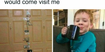 Meme of a heavily locked door and a child sipping from a mug, humorously referencing horoscopes and old love visits.