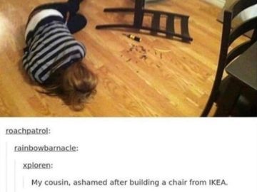 Person on the floor next to a fallen chair, IKEA assembly fail