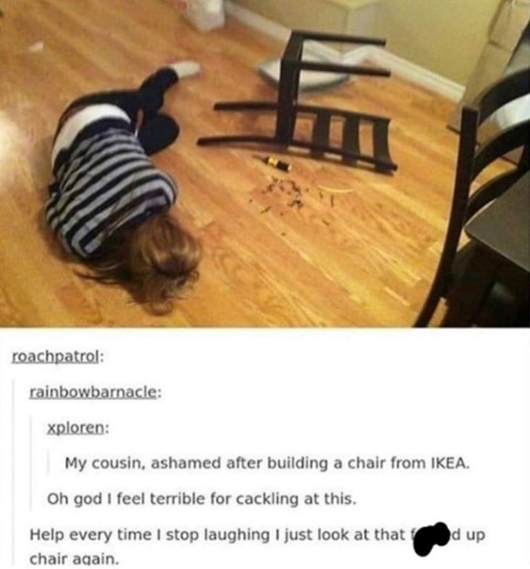 Person on the floor next to a fallen chair, IKEA assembly fail