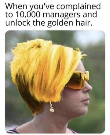 Woman with golden hair and sunglasses, caption about managers