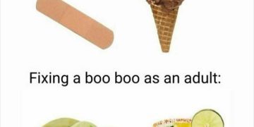 Meme comparing childhood and adult ways to fix boo boos with tacos