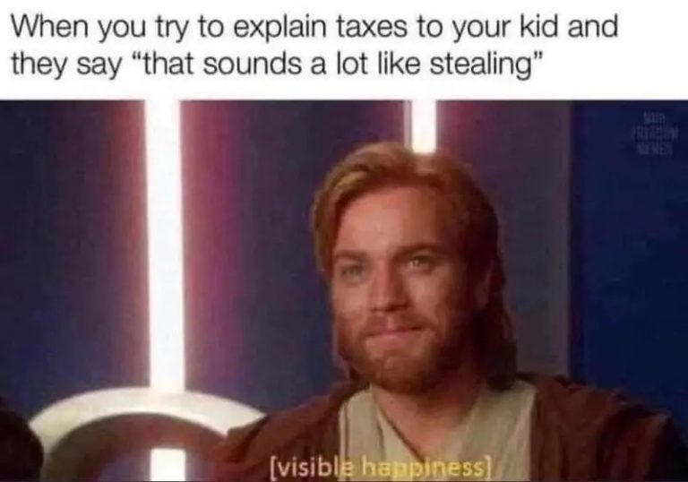 Meme of a kid's reaction to taxes sounding like stealing.