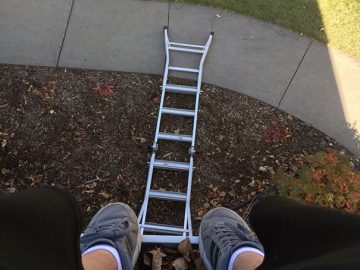 Person stuck on roof with fallen ladder below, shadow visible