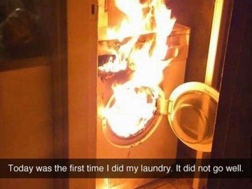 Washing machine on fire, laundry fail with caption about first-time washing.