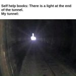 A dark tunnel with a middle finger light at the end.