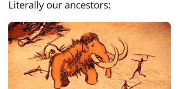 Prehistoric humans fight a mammoth, humorously debating gorilla battles.