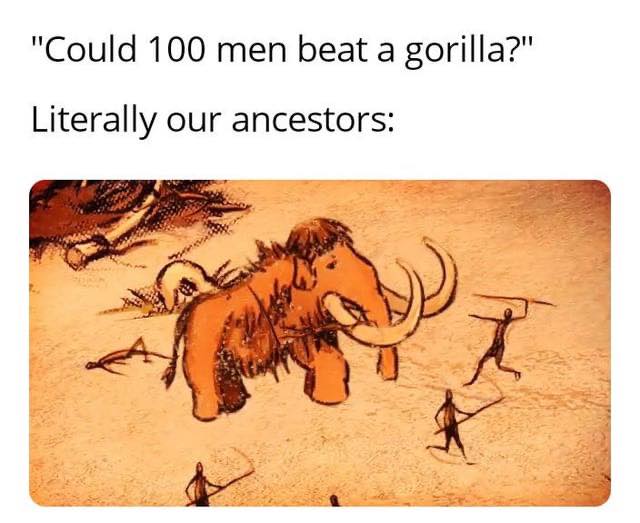 Prehistoric humans fight a mammoth, humorously debating gorilla battles.