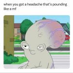 Cartoon character with oversized brain representing a headache.
