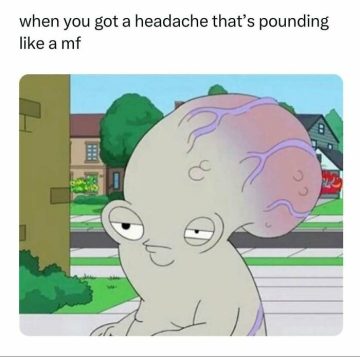Cartoon character with oversized brain representing a headache.