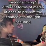 Person multitasking with various media to avoid thinking