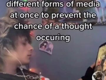 Person multitasking with various media to avoid thinking