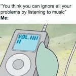 Cartoon character using music to escape reality with headphones on.