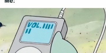 Cartoon character using music to escape reality with headphones on.