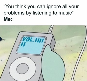 Cartoon character using music to escape reality with headphones on.