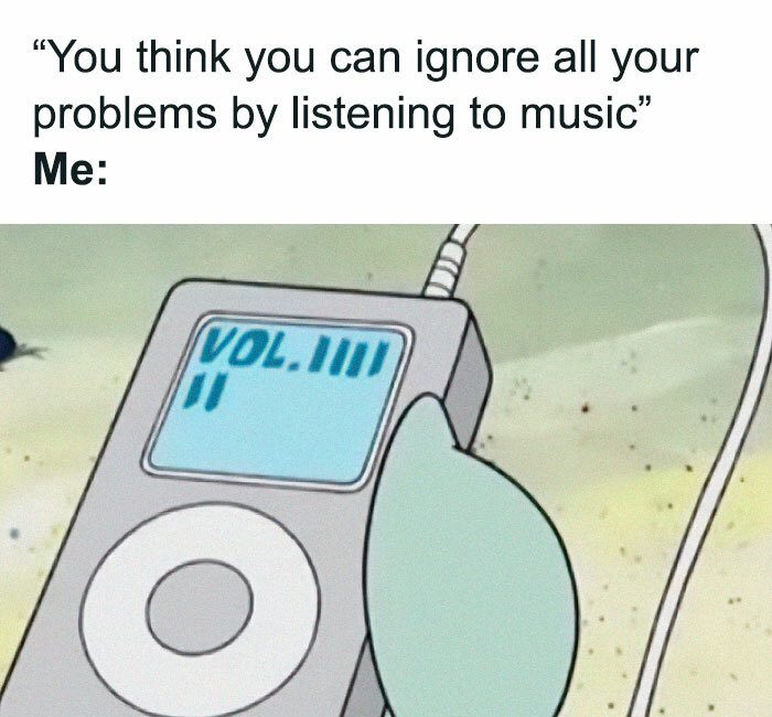 Cartoon character using music to escape reality with headphones on.