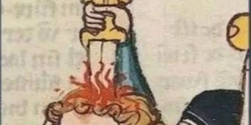 Medieval drawing of a person with a sword in their head, looking unfazed.