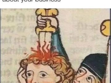 Medieval drawing of a person with a sword in their head, looking unfazed.