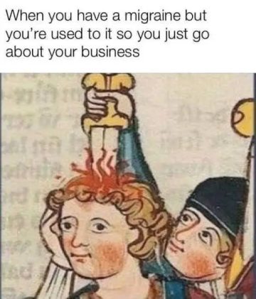 Medieval drawing of a person with a sword in their head, looking unfazed.