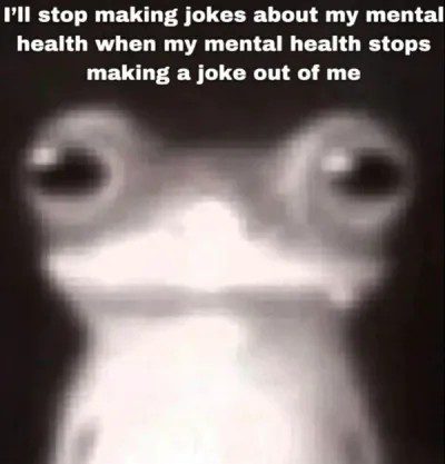 Blurry frog meme joking about mental health struggles.