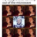 Meme of lasagna going from hot to freezing after microwave