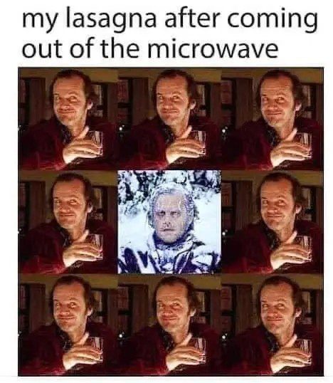 Meme of lasagna going from hot to freezing after microwave