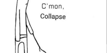 Stick figure poking housing market graph with text C'mon, Collapse