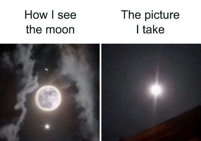 Comparing clear moon view vs. blurry photo attempt