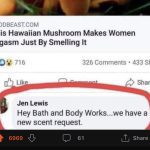 Meme about a Hawaiian mushroom scent and humorous comment request.