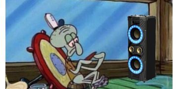 Squidward lounging with loudspeakers, forgetting to clean.