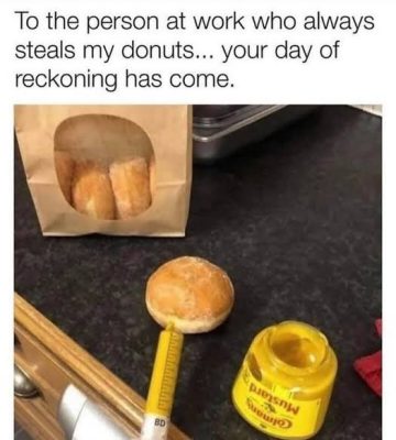 Donut filled with mustard as a prank for office donut thief