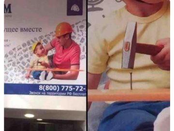 Dad and son in a construction ad, hammering fails hilariously.