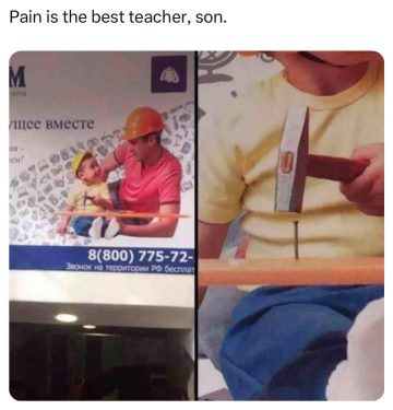 Dad and son in a construction ad, hammering fails hilariously.