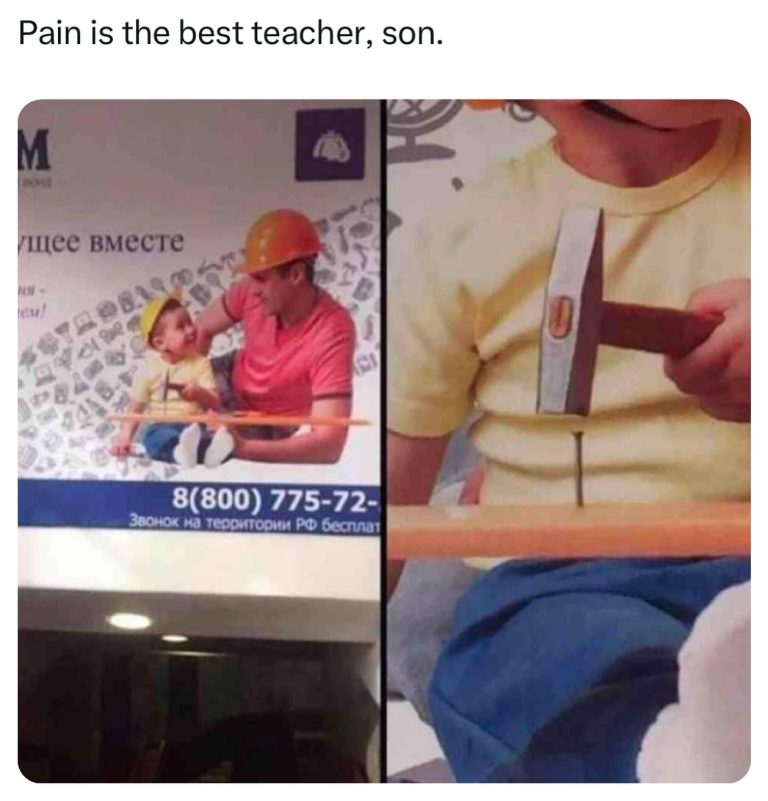 Dad and son in a construction ad, hammering fails hilariously.