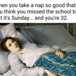 Woman waking up confused in bed after an intense nap.