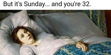 Woman waking up confused in bed after an intense nap.