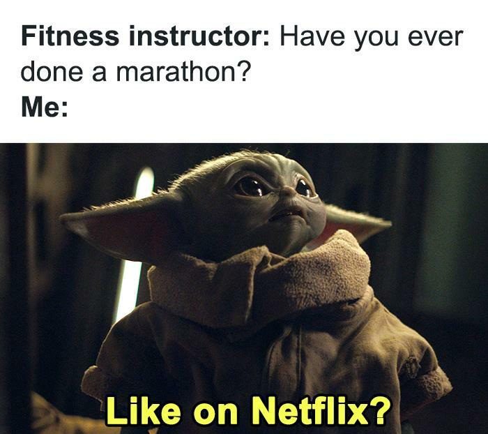 Baby Yoda responding to fitness instructor about a marathon with Netflix humor.