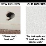 New vs old houses meme comparing wall strength humorously.
