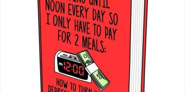 Cartoon book cover joking about saving money by sleeping until noon.