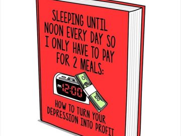 Cartoon book cover joking about saving money by sleeping until noon.