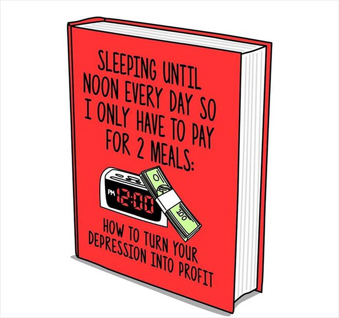 Cartoon book cover joking about saving money by sleeping until noon.