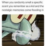 Cartoon character smells a nostalgic scent, triggering childhood memories.