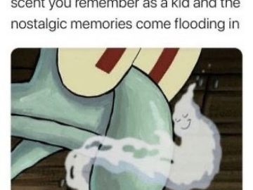 Cartoon character smells a nostalgic scent, triggering childhood memories.