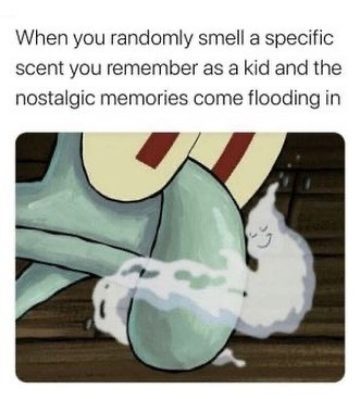 Cartoon character smells a nostalgic scent, triggering childhood memories.