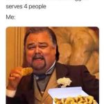 Man humorously eating a chicken nugget, ignoring shared portion size.