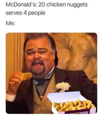 Man humorously eating a chicken nugget, ignoring shared portion size.