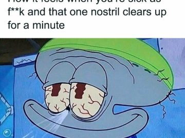 Cartoon character feeling relief with one cleared nostril while sick.