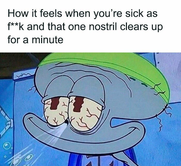 Cartoon character feeling relief with one cleared nostril while sick.