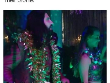 Man in a nightclub with a humorous dating profile description.