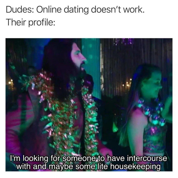 Man in a nightclub with a humorous dating profile description.