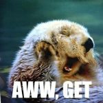 Adorable otter smiling with the text "You think I'm cute? Aww, get otter here."